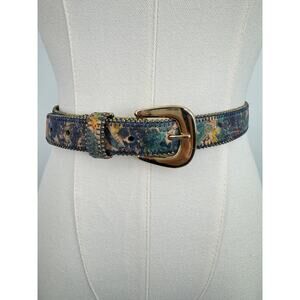 Vintage belt women's S/M watercolor abstract print beaded leather blue gold boho
